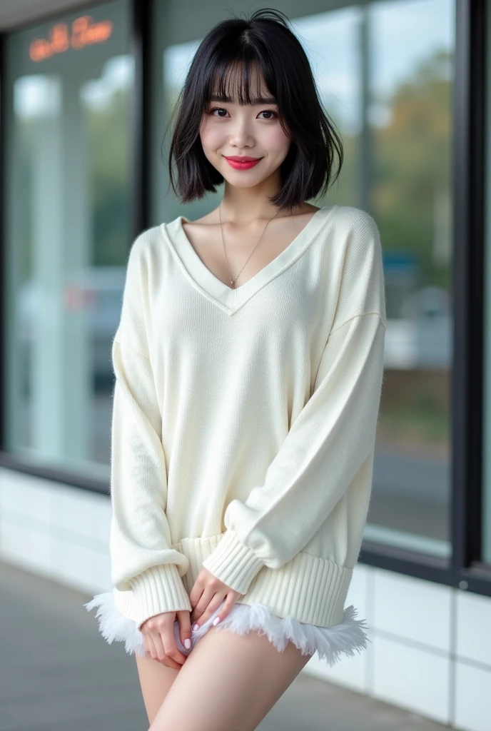 live action、full body、 overall pictures、In front of the station、
White knit、V-neck、黒色シフォンminiskirt、miniskirt、 fluttering、Frill、
black socks、black short boots
Let's earn、Windy、skirt flips up、Pink panties are slightly visible、underwear
Black hair、bob cut、straight hair on the cut surface、I have bangs
Marshmallow body、big breasts、 bowl-shaped breasts、
Whitening skin、glossy skin、without slouching forward、
breast enhancement pose、
thighs、thighsフェチ
笑顔、cute smile、 Raccoon Face 、
20 year old women