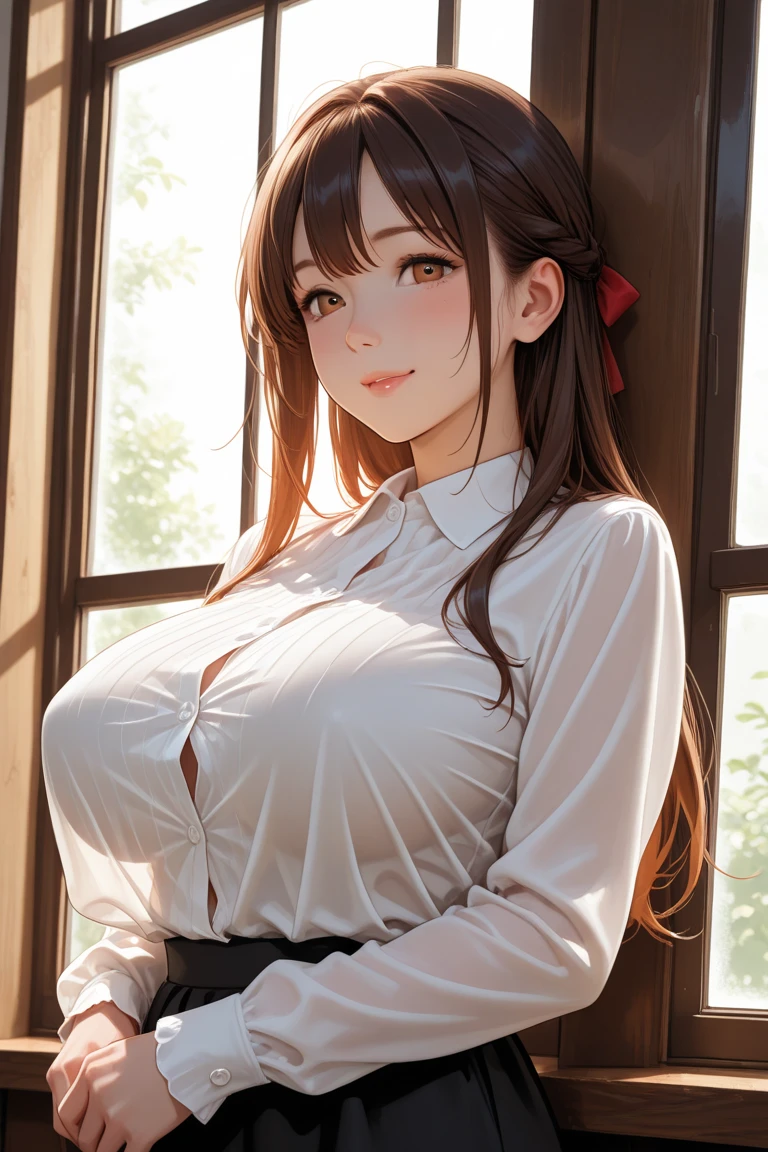 stretching,(Cinematic scene,Fantasy Art,Highest image quality,hyperrealistic portrait,(8K),Ultra-realistic,Best Quality,High quality,High Definition,high quality texture,high detailing,Beautiful detailed,fine detailed,extremely details CG,Detailed texture,realistic representation of face,masutepiece,presence,Dynamic,Bold),1gir,Ultra detailed skin,Curve,,Beautiful breasts,Large breasts,pale skin,pointed breast,Erect nipples,ponytail,(Ultra Thin hair),(Ultra Soft hair),(ultra straight hair),Swept long bangs,very light coppery amber hair,Hair over one eye,gym uniform