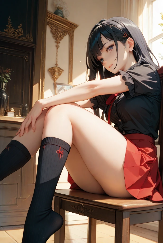 (masterpiece),best quality,1girl,solo,panties,underwear,(Black Stockings),simple background,feet,foot focus,solo,toes,breasts,cleavage,(Feet wrapped in stockings),looking at viewer,spread legs,