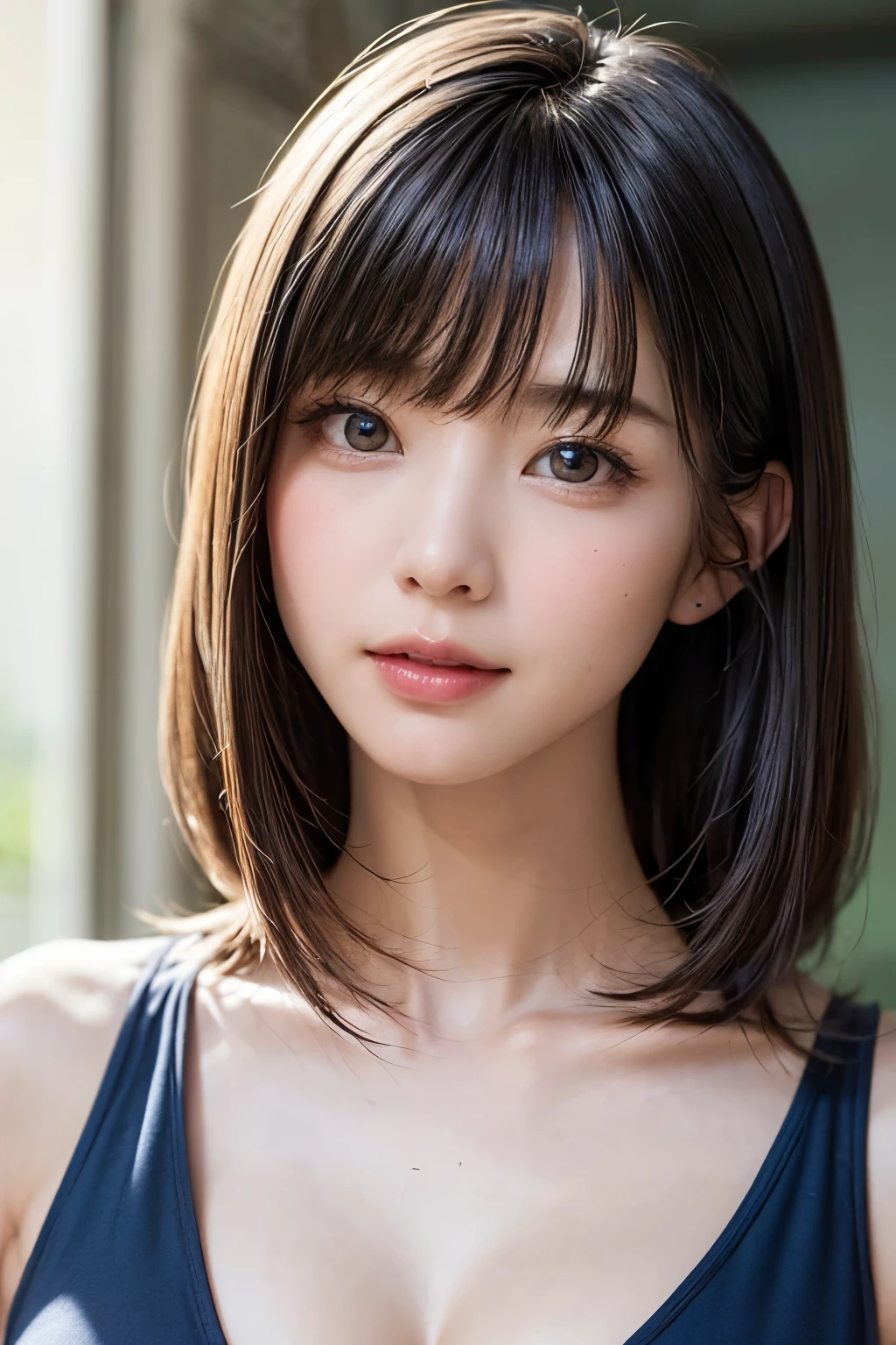 (highest quality:1.5)、(Realistic:1.5)、(1 person:1.5)、Very detailed、High resolution、8k、(Composition for taking upper body shots)、Small breasts、Natural color lips、Cute smile、Japanese women、20 year old girl、Arched thin eyebrows、Beautiful and elegant face、Cute face、(Large, balanced eyes)、Big Eyes、Fair skin、Beautiful and elegant face、Natural Bangs、Beautiful and thin nose、Beautiful Skin、Medium Bob Hair、Natural Bangs、Perfect and beautiful face、Slim face and figure、（Natural smileでカメラを見て）、(Bright lighting)、Professional Lighting、 (Lighting from the front)、Natural smile、Simple Background、Simple Standing Figures、Tight tank top sportswear、Plain tank top、The clavicle is visible、The navel is visible、Cleavage、