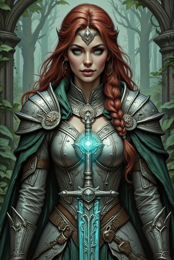 Wise, battle hardened, fat, middle-aged female mage, donning glasses over her large almond-shaped dark green eyes. She wears black armor. Her dark brown and copper hair is short and curly, she has full dark maroon lips and is armed with a formidable staff."