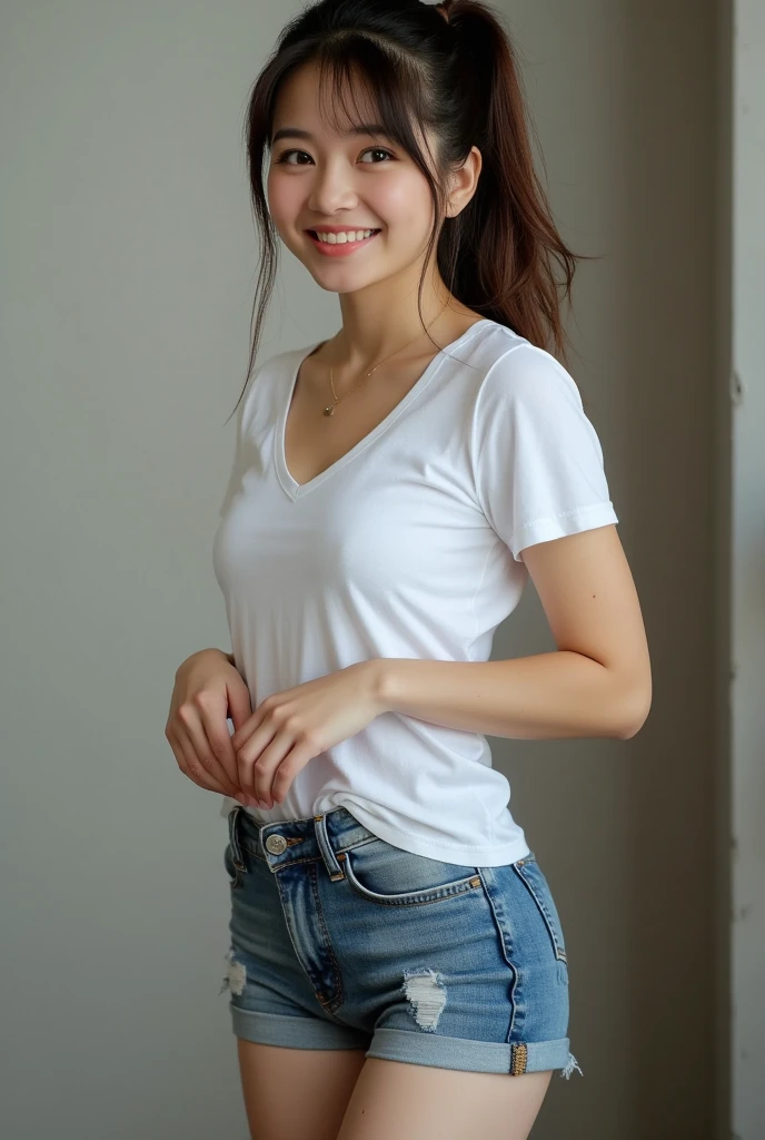 downbrouse、No bangs:1.10、straight flat chest:1.20, (leaning-forward:1.3)、(oversize tshirt、Loose-fitting T-shirt、Low Cut T-Shirt:1.5)、No bra;1.10, pink areolisible:1.20, A Cup:1.20, Erotic, (top-quality、8K、32K、masterpiece)、japanes、17 age、Very pretty girl、a beauty girl、crouching down、Bright smile、outside of house、shinny skin、blurry backround、short-cut:1.10、Ear hooks:1.20, A dark-haired:1.10, Upper body close-up、Shot from above ruin the floor