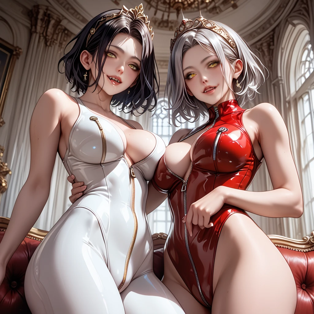 deux femmes, 25 ans, manga, cheveux longs, cheveux de couleur noir et cheveux de couleur blanche, armure d'or, gemini armor, saint seiya, zodiaque, cosmos, Gemini, casque avec deux visages, chevalier du zodiaque, dans un Grèce antique, temple antique, armure jumelles, jumeaux, demonic twins, topless