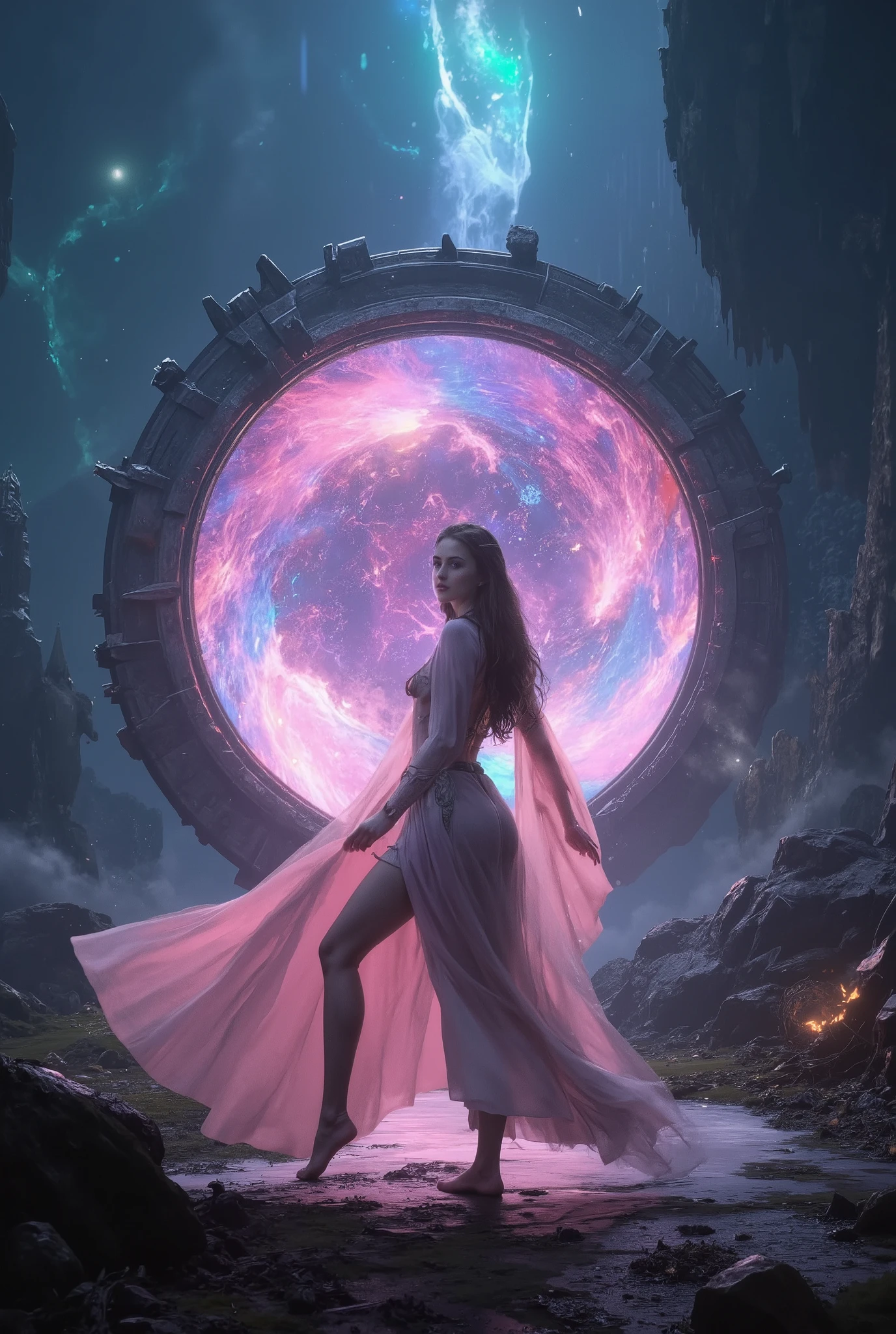 A Beautiful Witch, Fantasy Magical Portal, Magical World , magical atmosphere, photorealistic, advanced details, Best Quality, 4K, 魅力的な女性の肖像, Mysterious Eyes, Elegant Magical Gestures, Wrapped in a Magical Aura, natural look, Delicate skin, Magical World に佇む, detailed background, Beautiful Light Production , Elegant Magical Gestures, Detailed Image Quality, HDR, UHD, studio lighting, Detailed depiction, photorealistic, bright colors, Blur effect, amazing magic effect