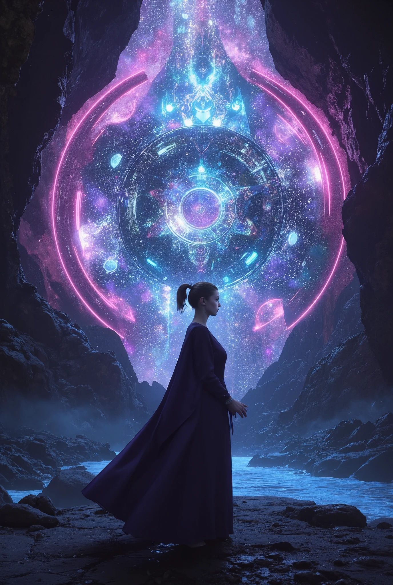 A Beautiful Witch, Fantasy Magical Portal, Magical World , magical atmosphere, photorealistic, advanced details, Best Quality, 4K, 魅力的な女性の肖像, Mysterious Eyes, Elegant Magical Gestures, Wrapped in a Magical Aura, natural look, Delicate skin, Magical World に佇む, detailed background, Beautiful Light Production , Elegant Magical Gestures, Detailed Image Quality, HDR, UHD, studio lighting, Detailed depiction, photorealistic, bright colors, Blur effect, amazing magic effect