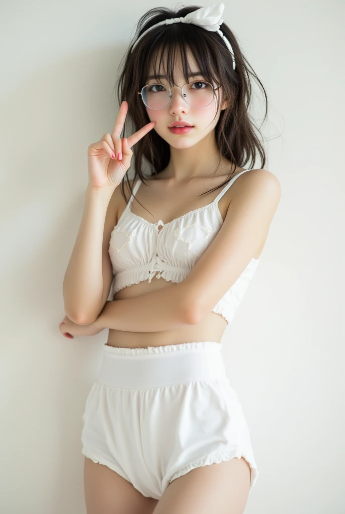 (best quality、masterpiece、high sensitivity、high resolution、detailed depiction、depicting a delicate face、Ｆvalue：6.0),((Slender Woman、wearing glasses)),white cotton 、Belly warmer、Shorts、torsion headband、V sign、