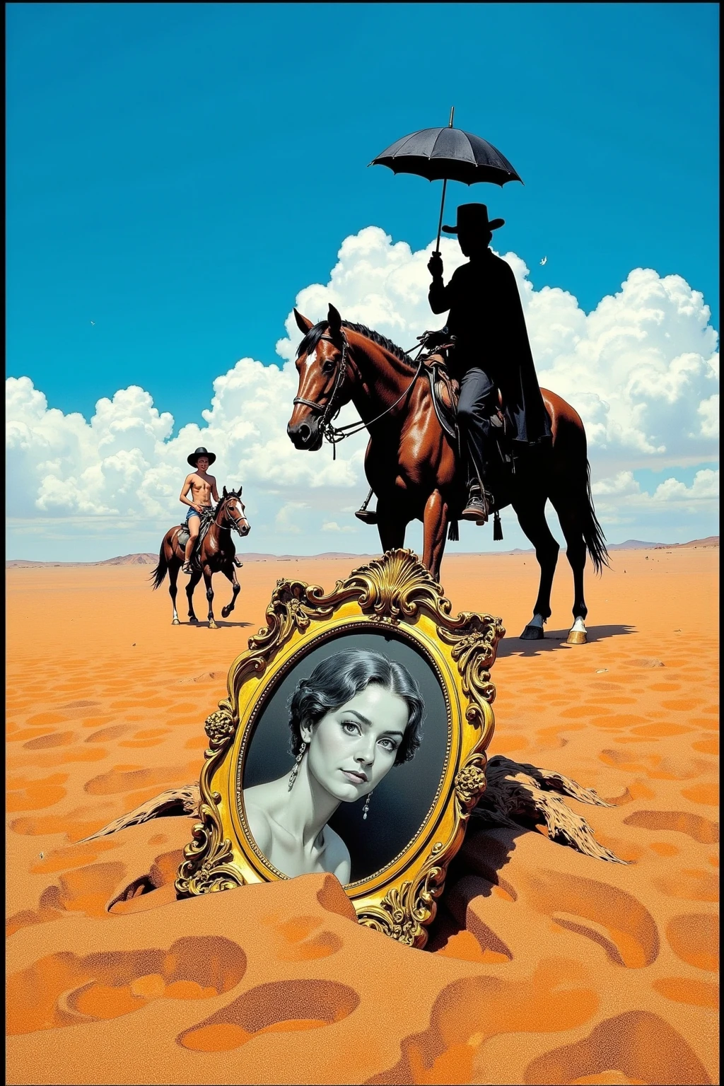 A movie poster for Alejandro Jodorowsky’s film “El Topo.” In the foreground is a desert landscape, where an ornate, round golden-framed photograph is partially buried in the sand. The photograph is a black-and-white portrait of an elderly woman. In the background, a figure dressed in black and a  boy, both seen , are riding a horse. The man is holding a black umbrella and wearing a wide-brimmed hat. The scene is set under a bright blue sky. The atmosphere is surreal and mysterious, with an overall enigmatic mood. There is a striking contrast between the earthy colors of the sand and the vivid sky, creating a surreal and poetic desert landscape. The black-clad gunman (El Topo) and his young son sit on horseback under the intense sun. The entire scene is mystical, imbued with a sense of  and melancholy. A vision inspired by Alejandro Jodorowsky’s cult film “El Topo.