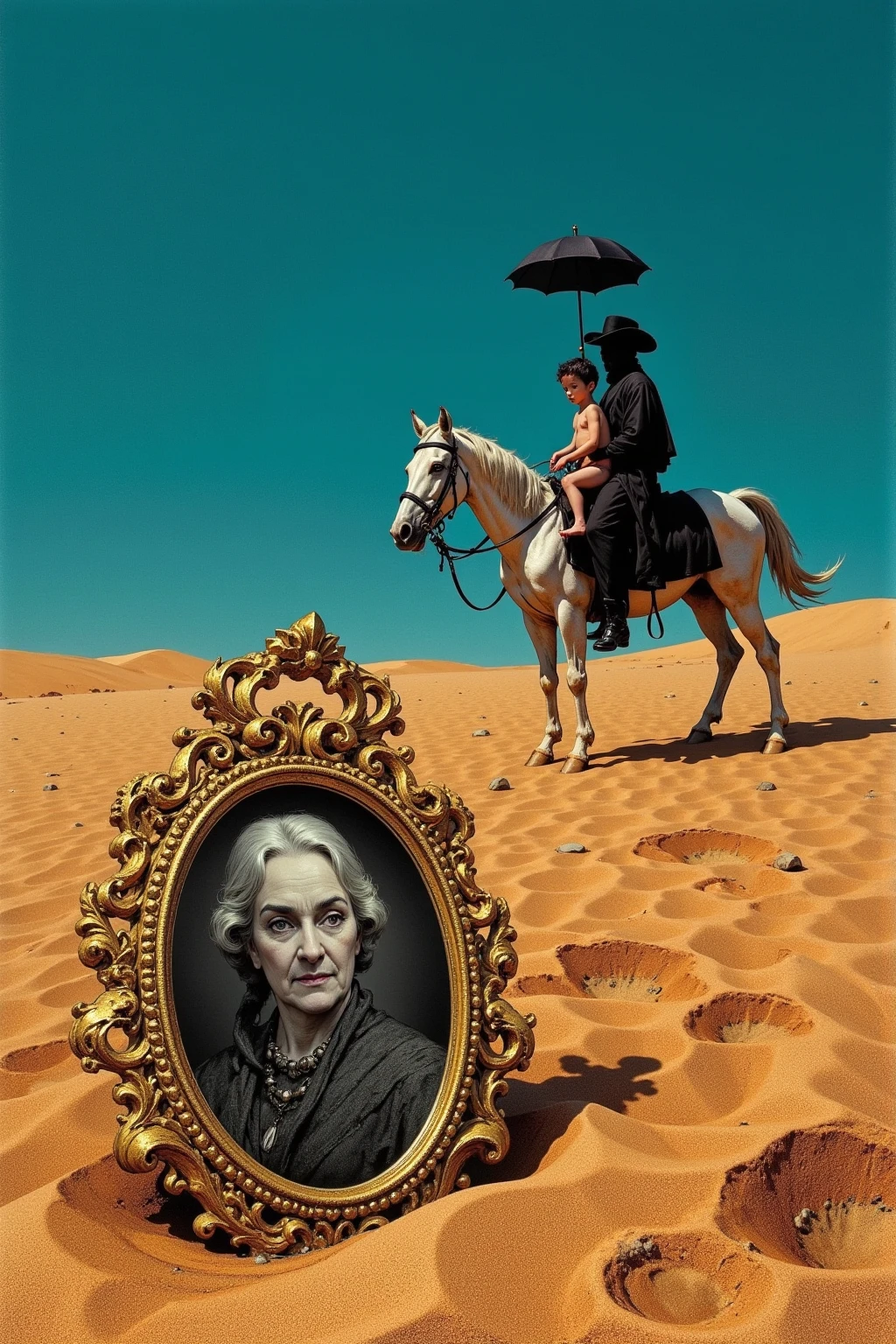 A movie poster for Alejandro Jodorowsky’s film “El Topo.” In the foreground is a desert landscape, where an ornate, round golden-framed photograph is partially buried in the sand. The photograph is a black-and-white portrait of an elderly woman. In the background, a figure dressed in black and a  boy, both seen , are riding a horse. The man is holding a black umbrella and wearing a wide-brimmed hat. The scene is set under a bright blue sky. The atmosphere is surreal and mysterious, with an overall enigmatic mood. There is a striking contrast between the earthy colors of the sand and the vivid sky, creating a surreal and poetic desert landscape. The black-clad gunman (El Topo) and his young son sit on horseback under the intense sun. The entire scene is mystical, imbued with a sense of  and melancholy. A vision inspired by Alejandro Jodorowsky’s cult film “El Topo.