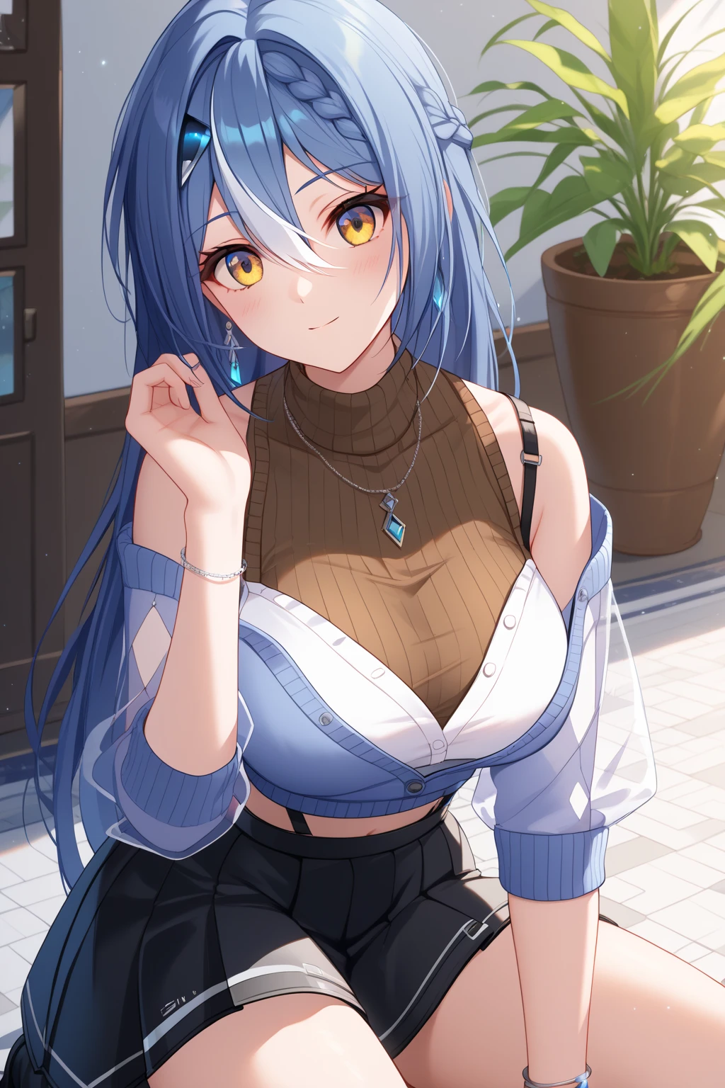1girl, solo, anime girl blue haired and a black tank top in a yellow skirt, 美しいblue haired女の子, anime girl, anime moe artstyle, anime girl with cosmic hair, (anime girl), blue haired, big breasts, had big breasts, anime goddess, clothing:Tank top, anime!!!!!!!!!!!!!!!, in anime style, 黒いTank top, anime princess, Tank top下着, Bright blue flowing hair, blue eyed girl, in an anime style, yellow mini skirt, stylized anime, tank top with an black, casual atmosphere,