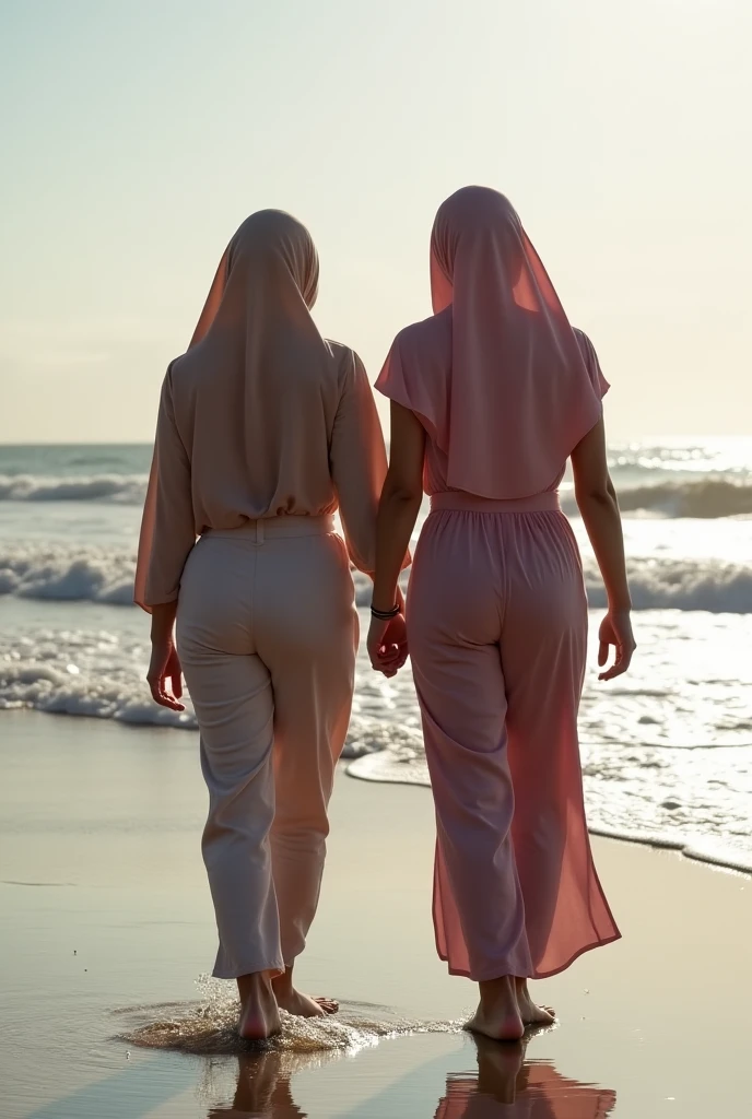 Black headscarf on the beach, white long sleeve t shirt, barefoot, grey sweatpants, skinny sexy woman. People touching a woman&#39;s waist. 