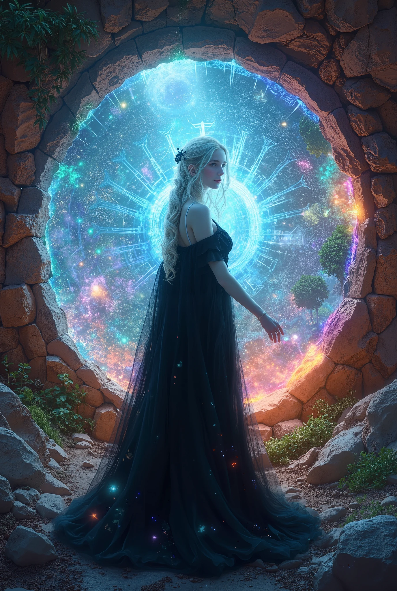 A Beautiful Witch, Fantasy Magical Portal, Magical World , magical atmosphere, photorealistic, advanced details, Best Quality, 4K, 魅力的な女性の肖像, Mysterious Eyes, Elegant Magical Gestures, Wrapped in a Magical Aura, natural look, Delicate skin, Magical World に佇む, detailed background, Beautiful Light Production , Elegant Magical Gestures, Detailed Image Quality, HDR, UHD, studio lighting, Detailed depiction, photorealistic, bright colors, Blur effect, amazing magic effect