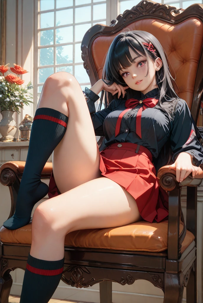 (8K, Highest quality, Highest quality, masterpiece), sit on the bed, (denim hot micro shorts), (shorts aside & vulva peek), big breasts, ((spread legs 1:2)), (fullbody), aasuzune, long hair, black hair, (single braid:1.2), hair ribbon, red jacket, blazer, blue bowtie, long sleeves, black thighhighs