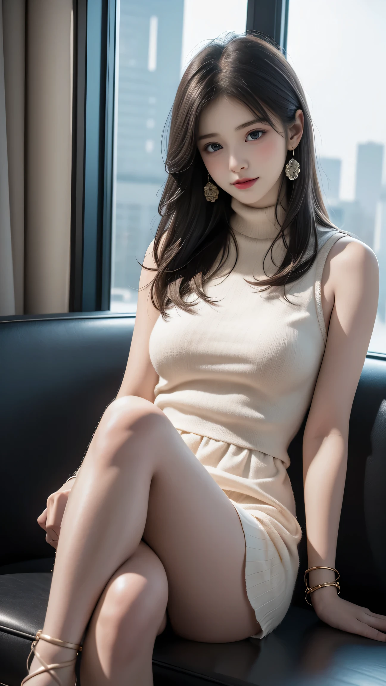 (Office Sofa de Girl）、 beauty、One person、One person、long hair、 viewer、smile、blue eyes、hair ornament、gem、Grey Hair 、口を close、Dull bangs、nail polish、bracelets、lip、Gray eyes on her back、 portraits、Red nails、。 close、 red lips、stand up、place your hands on your cheeks、(shiny skin)、(There is a haze of skyscrapers outside the window)、(girl) Photo with the leg slightly widened）、（Enlarged photo of the leg）、（Photo showing white panties from the veil）、（8K、 RAW photos 、best quality、最高masterpiece 1. 2）、（real、photorealism、（high resolution:1.uper Detail:1.3）、（1 personのgirl:1 person.3）、（High Accuracy CG Unity 8K Wallpaper:1 . 3)、（fine-grained肌の質感、detailed cloth texture、Detailed Hair Texture）、（beautiful detailed face because it's a dark bar、supermodel in the seat、Pale Skin、realな輝く肌）、（ RAW photos 、best quality）、（real、photorealismック： 1.4)、masterpiece、very delicate and beautiful、great、fine-grained。ultra fine、High Precision CG Unity 8k Wallpaper、huge file size、super detail、high resolution、absurd、soft light、rimlight、BRIGHT DETAILS、Hotel Room、short bob hair、black hair、natural colored lips、Big Breasts、 beautiful feet、 break（gray theme ： 1.5)、（a fusion of a sleeveless white turtleneck sweater and a white micro dress：1.4)、（accentuates body line： 1.houlder out、Arm out、Thighs exposed）：1.3)、（wool：1.2)、（Cable Braided Stitches for Skiing： 1.3)、(Underbust、Horizontal milk):1.2)、(Heeled Sandals:1.2)、(piercing:1.3)、( bangle:1.2)teeth、I feel like crying、smile、Harajuku Style、20 year old female、 cute、ope
