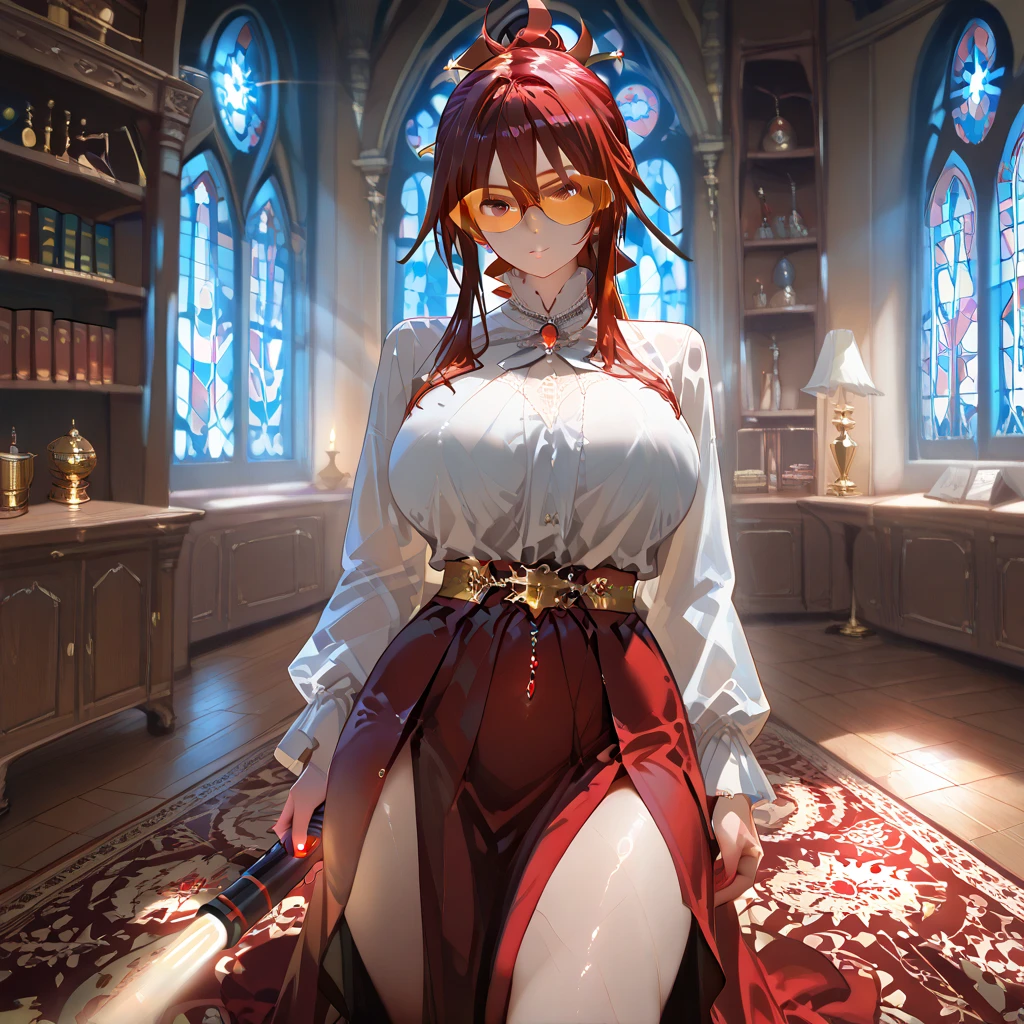 (red long hair),(small figure),(inside a church),(golden irises),(sunlight slanting in),(sunlight pouring in through stained glass windows),(devotion),(exquisite details),(young girl),(white evening gown),(emphasis on background),(subdued presence),(kneeling on the floor)