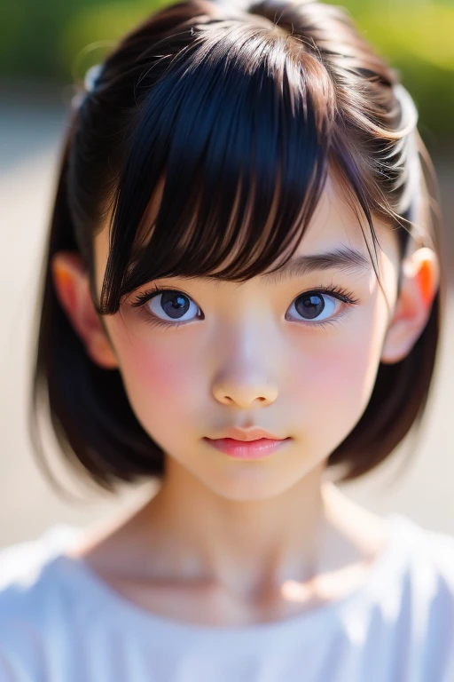 One Girl, Portraiture, modern, The most beautiful 16-year-old girl in the world、Realistic proportions、Glossy Lips、Her big eyes are a beautiful light brown color..、Shining beautifully、Dazzling super long straight hair、messy bangs that fall on the face,,,,,,、snow-white beautiful skin、Cheek luster、Beautiful Face、Round face、Innocent face、Bright expression、Childish appearance、Symmetrical face, Symmetrical eyes, Dynamic pose, complex, ComplexDetails, Sharp focus、Small Face Beauty、upon、 Elementary school student's face