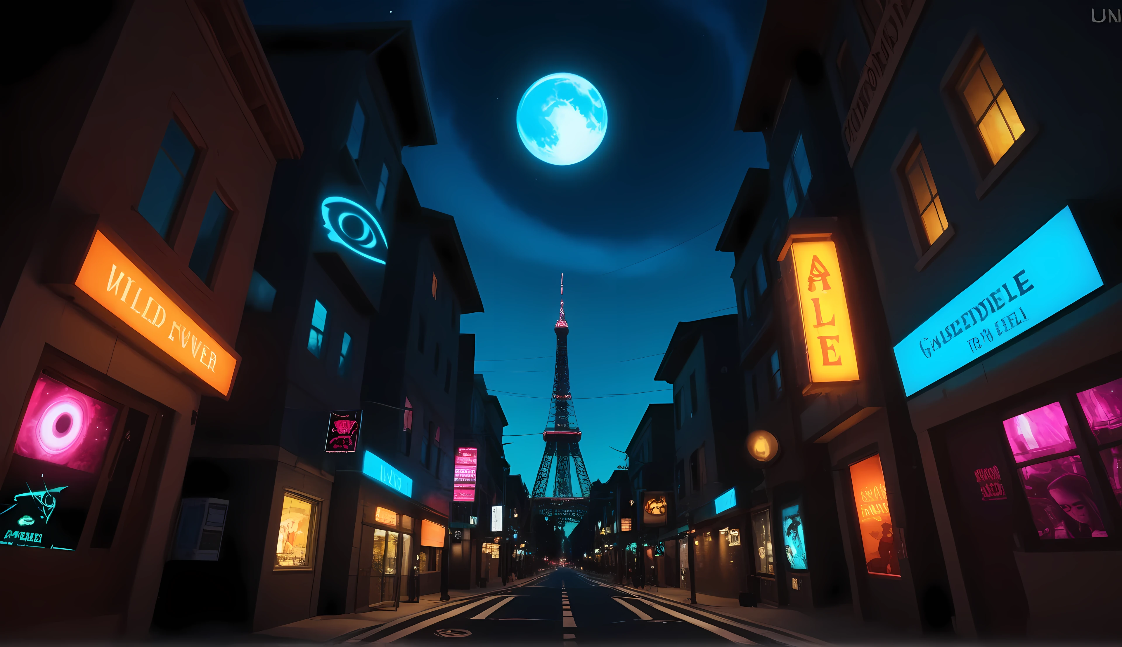 Alice Liddell, street lights, (black light), tilt angle, Eye of Providence, fisheye lens, mad, lunatically, creepy, glowing geometrical fish, radio tower, 16k, UHD, HDR, masterpiece, award winning