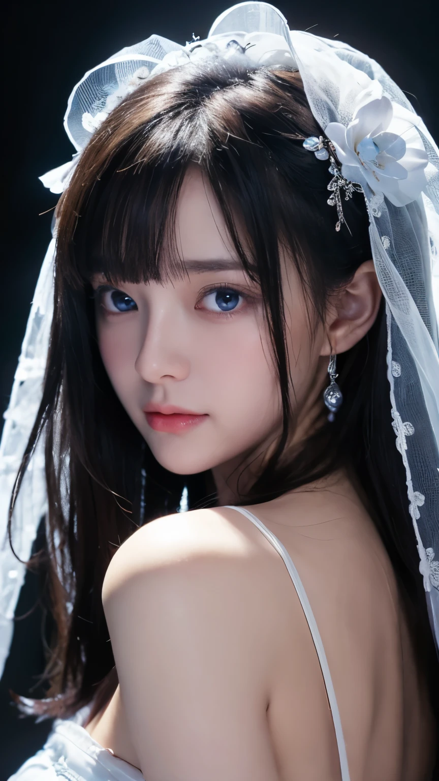 (hyperrealistic), (increase resolution), (8K), (extremely detailed), (best illustration), (beautiful detailed eyes), (best quality), (ultra detailed), (masterpiece), (wallpaper), (detailed face), early morning sun, solo, a pretty girl in white wedding dress, veil, cinematic light effects, backlight, light smile, blue eyes, long curly hair, looking at the audience, exquisite details, detailed face, deep shadows, understated, pureerosfaceace_v1 , smile, bangs