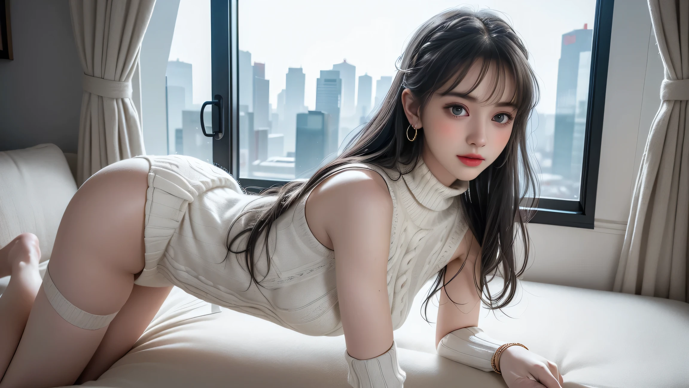 highest quality、masterpiece、(realistic:1.2), (((8-year-old, , Very cute and baby-like face)))、super long black blonde straight hair、bangs between the eyes、white skin、glowing skin、 puff sleeve princess dress、cottage core、 frontage、detailed face、so beautiful、Sparkling pale blue eyes、(bright look:1.1)、 Winter Vivid and sharp focus、ball deep, (((flat chest))), (leaning forward:1.8),looking at the viewer,throw,look down,(hands on table:1.1), Upper body, crawl on all fours,