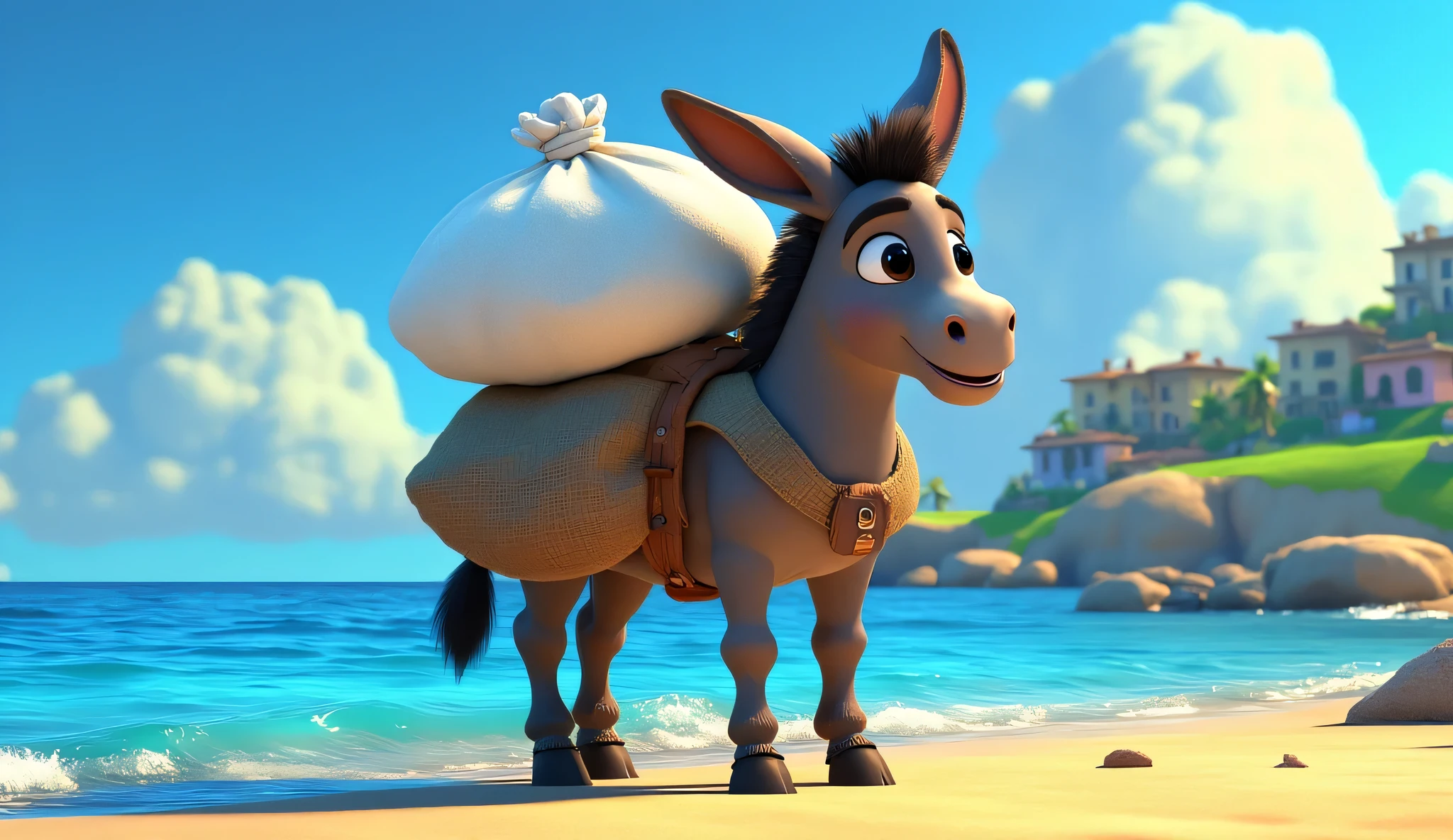 The donkey with large salt sacks fall off its back,slipping into the water again with a mischievous smile. The cotton sack just starting to absorb water.