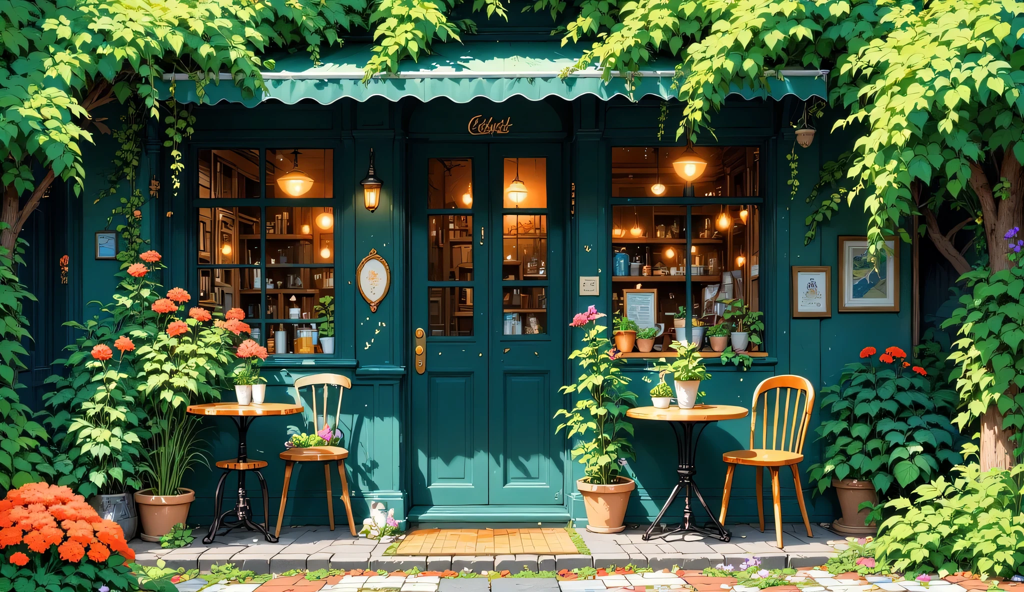 A charming outdoor cafe, depicted in a vibrant anime style. A teal-green building, covered in lush greenery, houses a coffee shop with an inviting outdoor seating area. Small tables and chairs made of light brown wood are positioned in front of large windows displaying the cafe's interior. Numerous potted plants and flowers, in various colors (reds, oranges, yellows, and pinks), adorn the seating area and the building's facade. The building's design is simple and symmetrical. Warm, natural light illuminates the scene, creating soft shadows and highlights on the plants and furniture. The style is cheerful and peaceful, evoking a sense of relaxation and serenity. The perspective is at street level, looking directly at the cafe's exterior. The composition is balanced, with the cafe front and center and greenery cascading down the building. The overall impression is of a quaint, idyllic cafe setting.