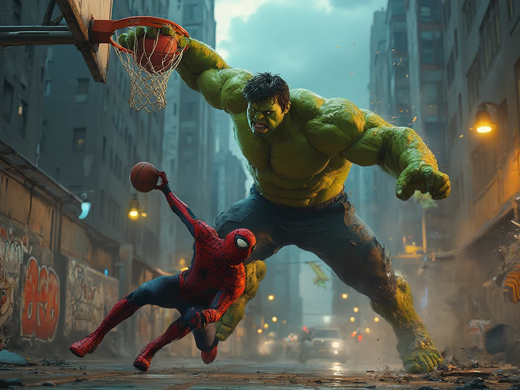 Bus orange remplis de Spider-Man et de Hulk qui font du basket