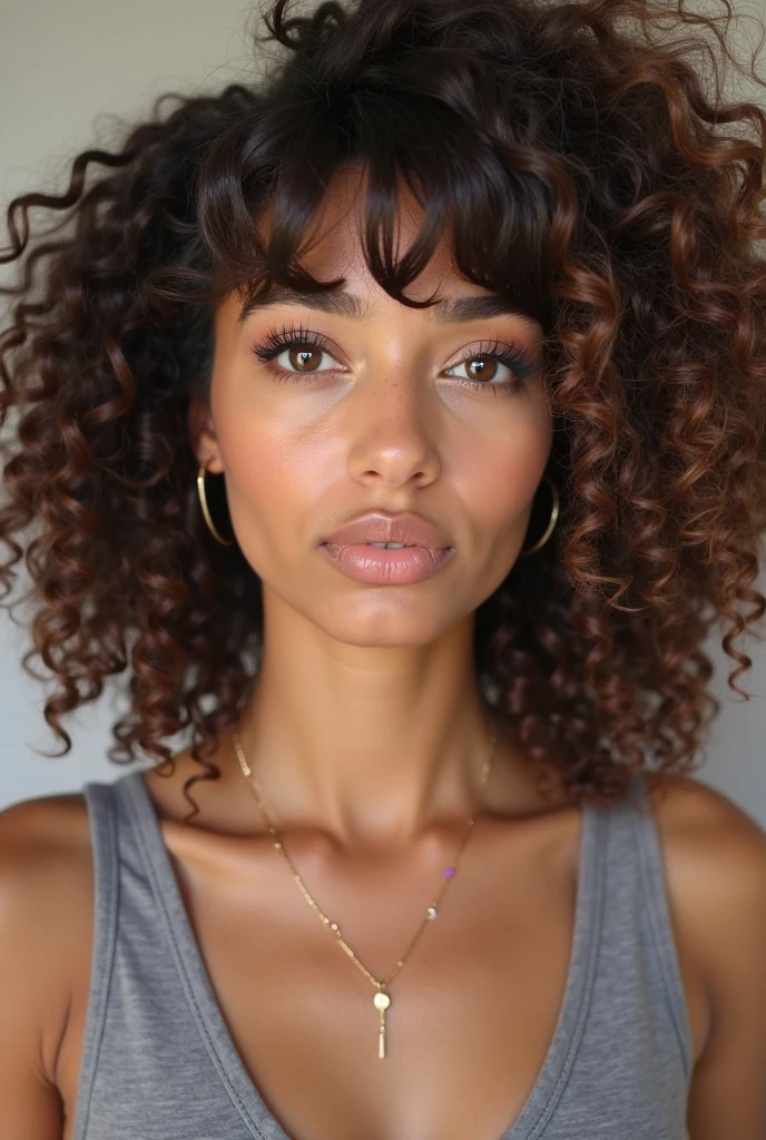 tem uma mulher com um cabelo afro bem grande e um colar, Encaracolado bangs, Encaracolado afro, Encaracolado haired, short Encaracolado hair, brown Encaracolado hair, Encaracolado hair, com afro, dark short Encaracolado hair smiling, Encaracolado, seu rosto emoldurado por cachos, Encaracolado brown hair, Encaracolado and short top hair, mixed race woman, (dark shorter Encaracolado hair), cabelo natural
