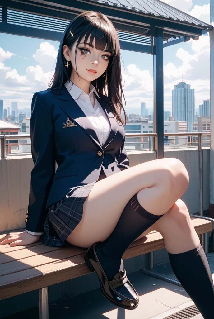 NSFW, 4K, 8K, 16 K, masutepiece, Best Quality, 超A high resolution, high-definition RAW color photography, professional photograpy, (photographrealistic:1.5), depth of fields, Lens Glow, Nikon D850, 45.75 megapixels,Best ISO setting 25600 on DSLR, Small aperture size, (Full body:1.3), (From below:1.4), (Looking at Viewer:1.2), (16 year old asian girl:1.4), (sitting in a bench:1.4), Young Pretty Idol, super model, Japanese Idol, (Cute Schoolgirl:1.5), (high detailed cute face:1.6), (High detailed eyes:1.5), (large eyes with double eyelids:1.7), (Cute eyes:1.5), (Smile:1.7), (Black hair), (School uniform:1.7), (Huge breasts:1.5), (Erect  :1.2), (pantyshot:1.2), (White panty:1.2), highly detailed back ground, (The wind is blowing strongly:1.2), enchanting atmosphere, (Sunlit atmosphere:1.1), (Natural lighting:1.2)