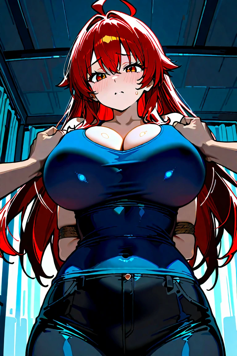 1girl, , tape bondage, blue bikini, large breasts, long hair, gagged, locker room, dim lighting, standing, looking at viewer, angry, glaring, wide hips, red hair, blue eyes