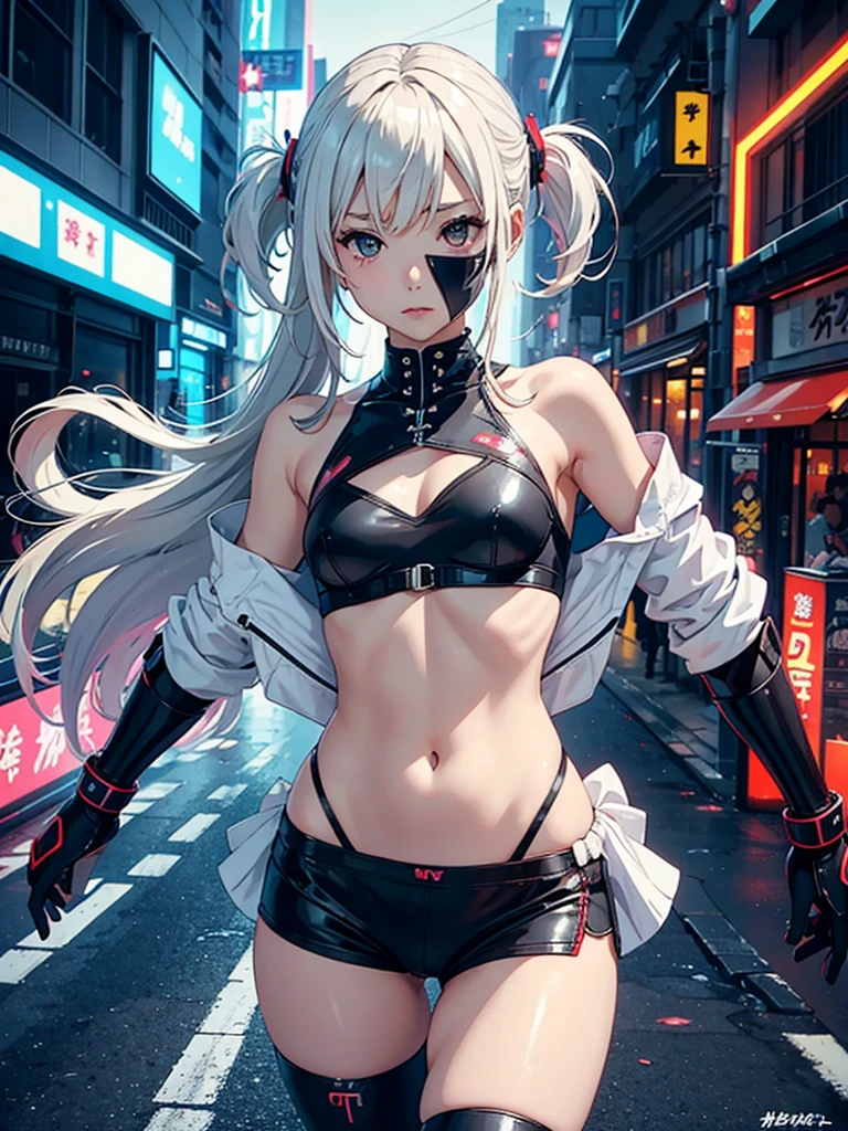 Long legs, Long Hair, Gray Hair, cyber punk, Depth of written boundary, Blurred Background, String, nude, Big Breasts, Cleavage, vaginal fissure, Lace pajamas, No coat, sexy