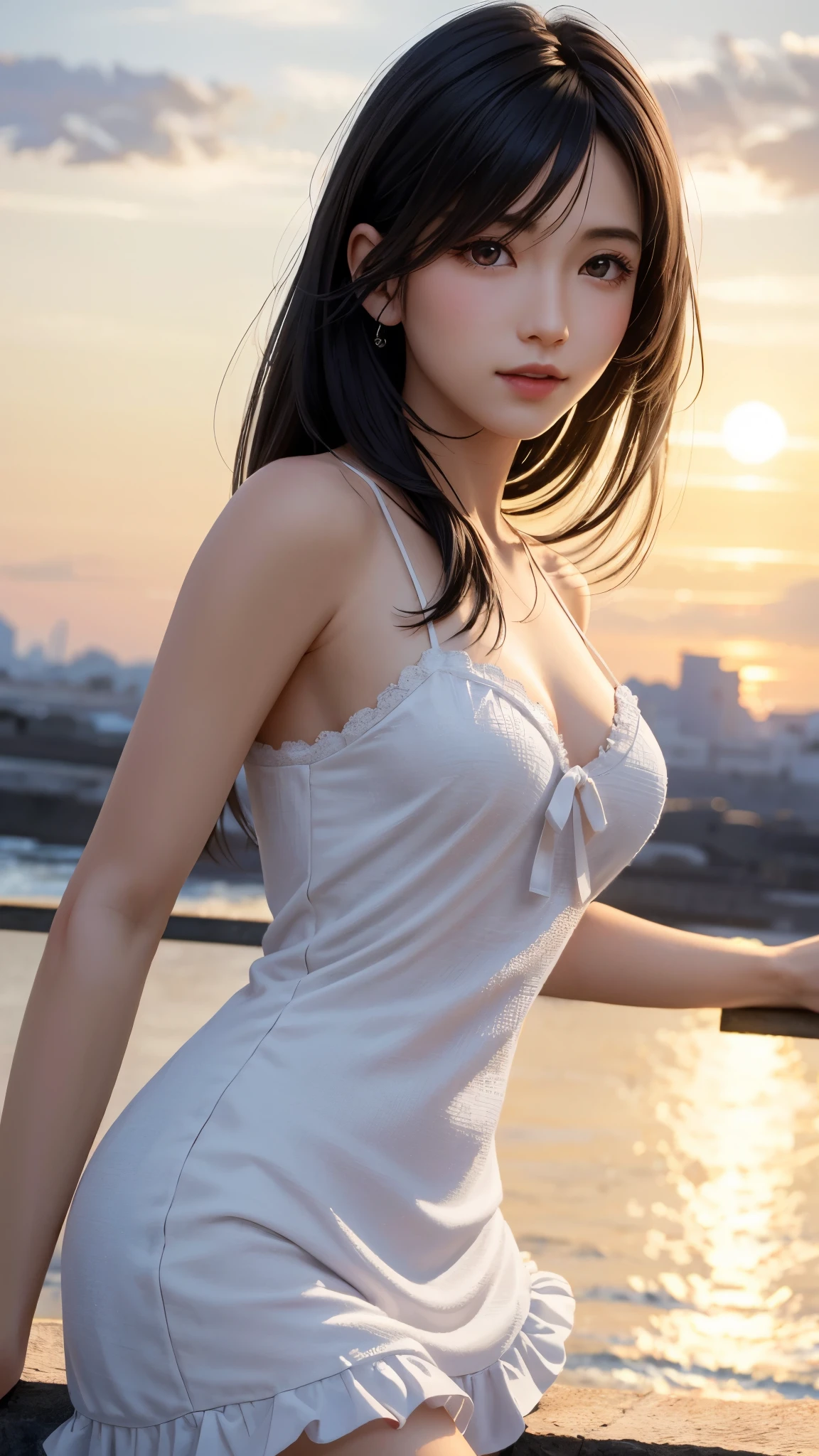 (8k、born、Professional、Highest quality、masterpiece:1.2)、(Genuine、Realistic:1.37)、Very detailed、(Portrait of a Woman No. 1)、(expensiveest Detail Skin:1.2)、(expensiveest detail face:1.2)、1 Female、1、Black Hair、Long Hair、expensive 、pink silk camisole、The wind blew up her pleated miniskirt., Revealing white lace panties.)、Sunset sky、The cityscape at dusk can be seen in the distance、Golden Hour