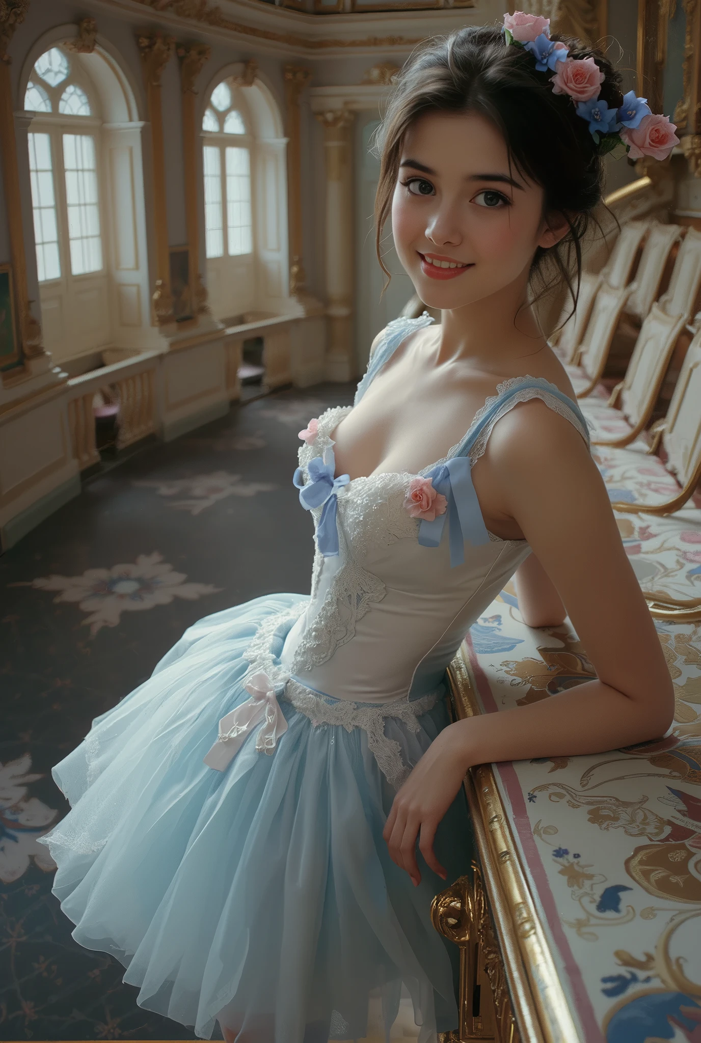 A portrait of a beautiful young ballerina in 19th-century France. She has delicate and refined facial features, fair translucent skin, large expressive iridescent eyes, and a graceful smile. Wearing a classic ballet tutu made of soft silk and lace, adorned with ribbons and floral decorations. The dress is in light blue or pale pink. She poses elegantly on the side of the stage or in an opulent ballet theater. Oil painting style, inspired by 19th-century Impressionism and Academic art, with soft brushstrokes, warm light, and a romantic atmosphere. hyper detailed moist skin texture,