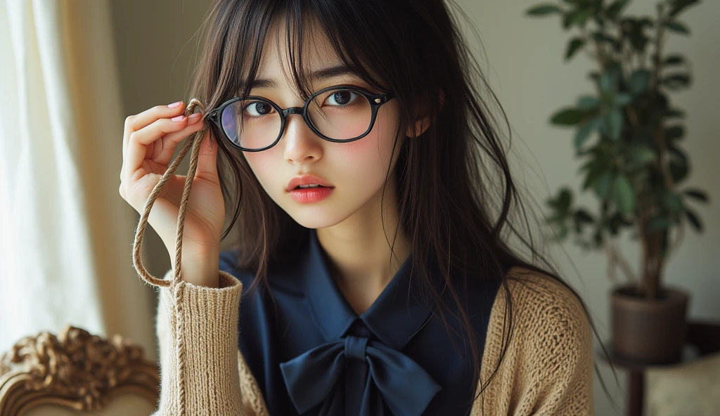 ((best quality、masterpiece、high sensitivity、high resolution、detailed explanation、It depicts a delicate face holding a lasso、Fvalue:2.5),((slender woman、 please )), Wears Glasses , Navy bowtie blouse x champagne gold cardigan
Calm navy and、Exquisite contrast with softly shining gold。Enjoy elegant glamor and intellectual impression at the same time、Perfect outfit for spring dinners。