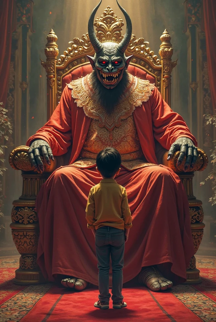 Create the image of an egocentric king with a mask and an all black background and a golden throne, the younger king standing next to the throne and the younger demon mask in anime style