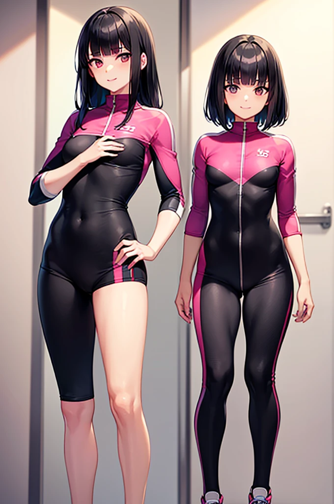 highquality illustration, masterpiece, very delicate and beautiful, attractive girl,(colorful leotard, heattech leotard,tight leotard,long_sleeve leotard,ribbed leotard,high_leg leotard,turtleneck leotard), thin,slender body,slim,gymnastics club,2 girls,gymnastics athlete,bare legs,gymnasium background,beautiful eyes, light smile,(masterpiece, best quality:1.2), highres, extremely detailed CG unity 8k wallpaper, perfect lighting, Colourful, ultra-high res,4K,ultra-detailed, photography, 8K, HDR, 17 ages,