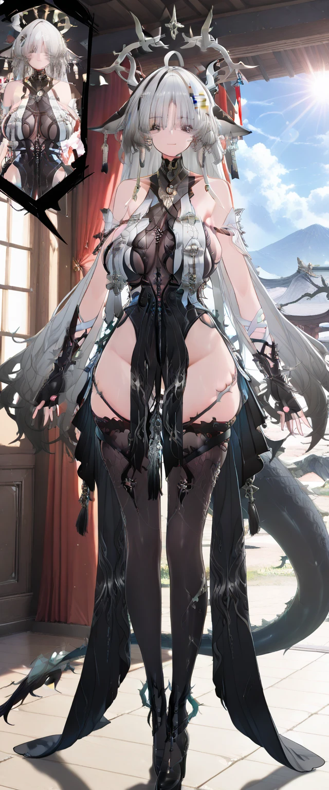 1 girl, very big breasts, very sexy body, 1 girl in, a smile, looks at the viewer, black shirt, super short white school miniskirt, full body, giant breasts, cleavage, giant breasts, heels, background in the mountains 1 girl , with big breasts. long legs QUEEN huge tits, (cleavage), high legs, (standing), sexy and muscular body. short skirt.4k hd