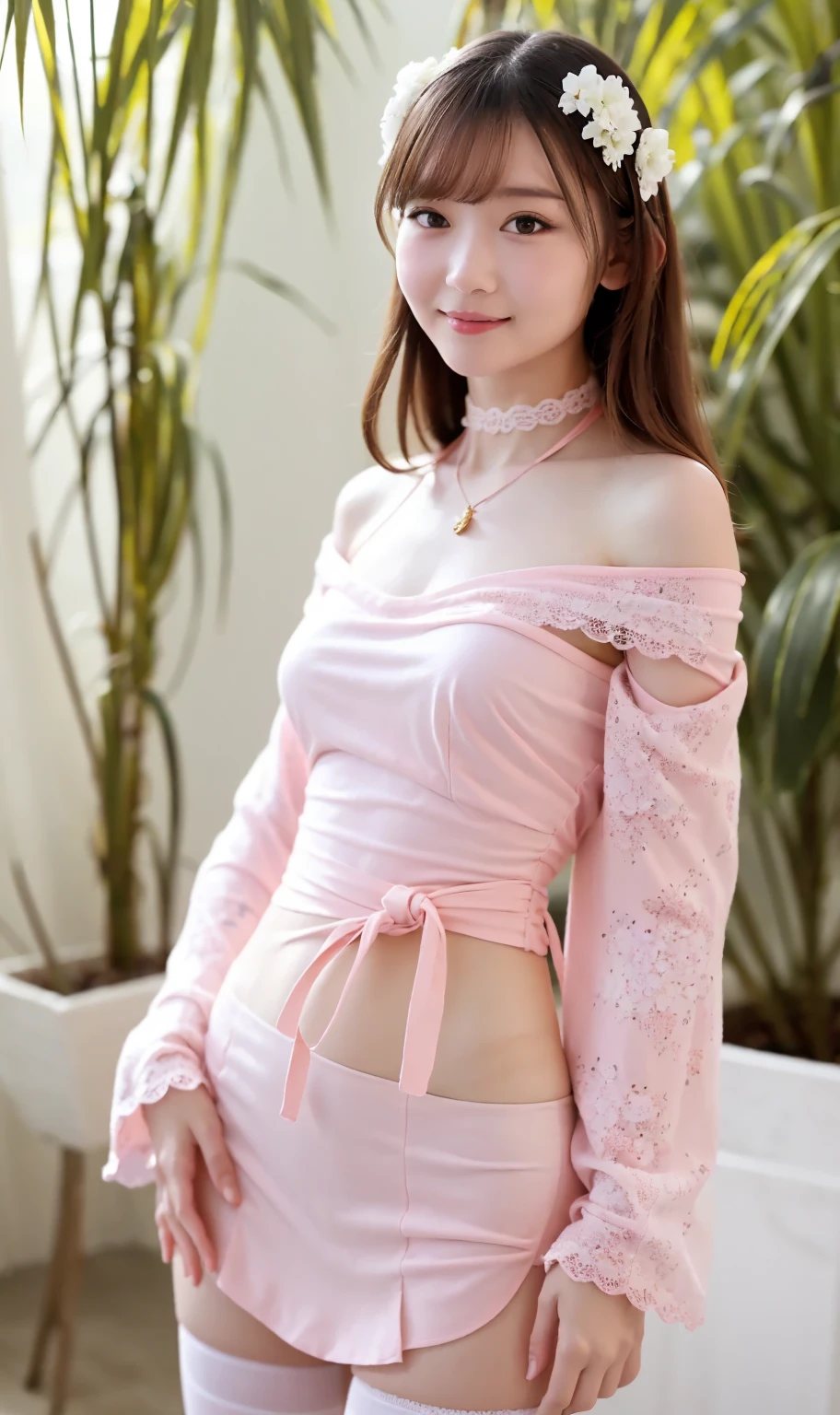realisticlying,8K,Ultra Realistic Detail,Sharp focus,Delicate skin,(Outside,Usually comfortable in soft lighting),(Purple miniskirt,Pink lingerie,red heels,statement necklace),Extremely detailed face and eyes,(Large breasts),Wear white stockings,Long white curly hair,Station