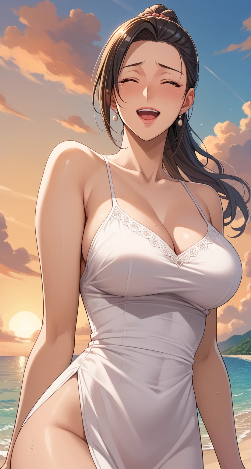 masterpiece, best quality, sunset, cowboy shot, mature woman, bob hairstyle, black hair, mature face, hot face, sharp eyes, breasts, curvy body, hazel eyes, business clothes, looking at viewer, very close to viewer, face to face, tough appearance, in the office
((looking serious), oversized earrings,big hoop earrings , cleavage,full body view , delicate necklace