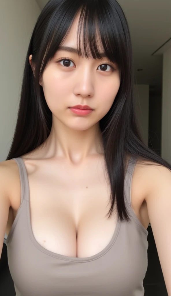 highest quality,masterpiece,Ultra-high resolution,(Realistic:1.4),Beautiful lighting, (Highly detailed CG Unity 8k wallpaper), Beautiful face in every detail,Detailed clothing, 50mm portrait photography, No background、One Girl,Big black eyes, cute, young, stop temporarily, Facial Lighting, Physically Based Rendering,Written boundary depth , Black Hair, Medium Hair, ((Take from above)), Japanese women、20-year-old、camisole、(Big Breasts)、(Upper Body)、Young and beautiful woman taking a selfie, Taken with iPhone camera、In front of a white wall