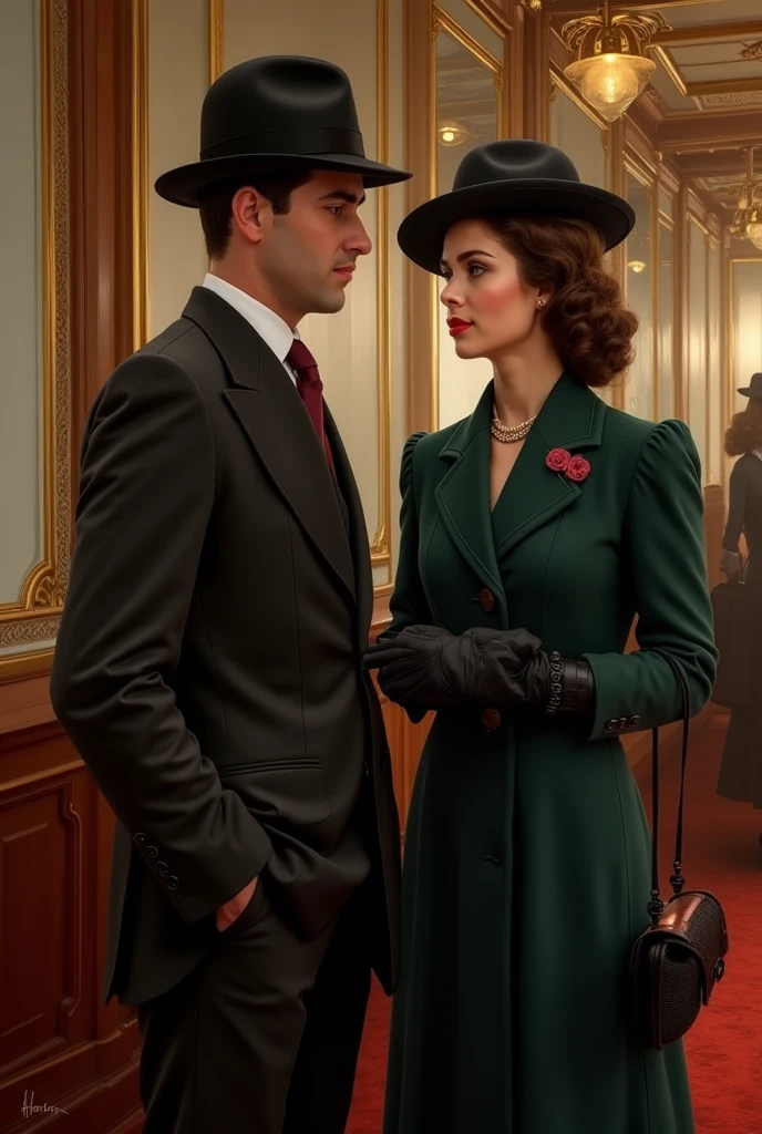 Year: 1946. Location: Washington DC. pre-raphaelite young woman with black hair walking with a man through washington streets, ((1940s colorful clothes)) ((1940s hairstyle)) ((in the style of "OMITB")) ((cinematic style))
