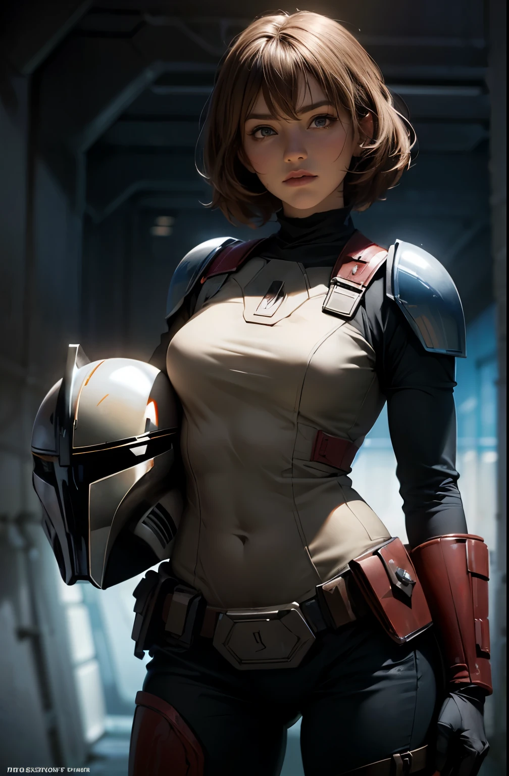 star wars world ,female mandalorian, There are no helmets, slender beauty ,holding helmet in right hand, ,Mandalorian armor ,Slimming, slender, Gentle Eyes, flows from my crotch