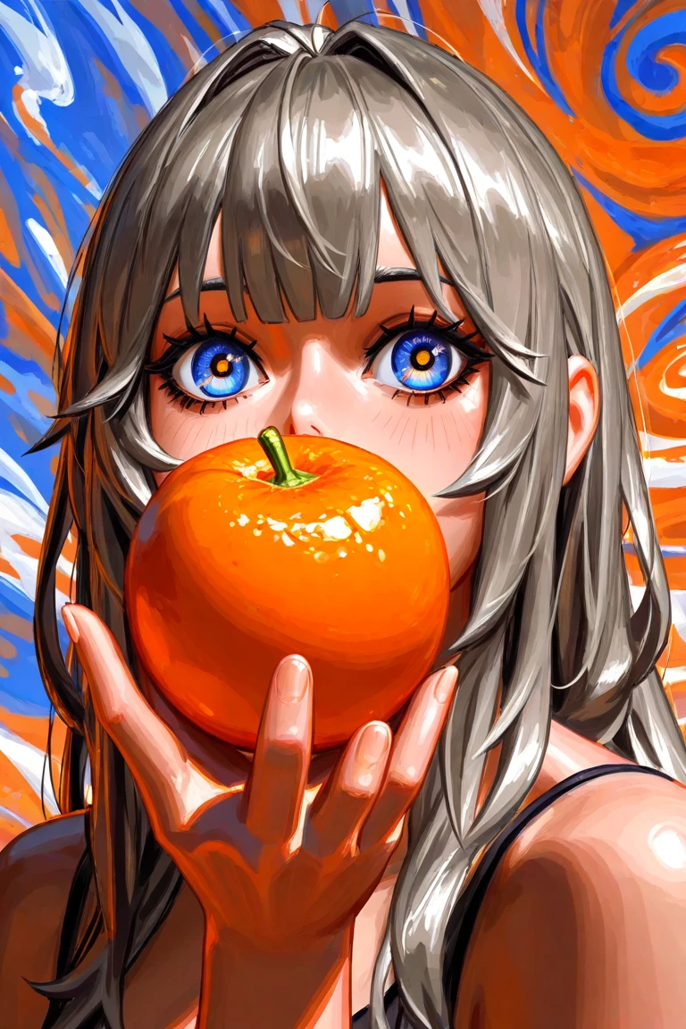 purple hair, a girl laughing, open mouth, background full of oranges ,