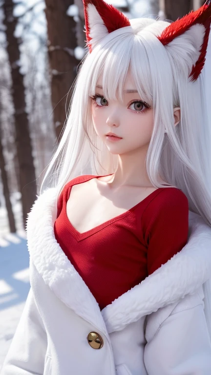 One person Russia (Flat Chest:1.5)(Slim body:1.5) snow forest(Red down coat:1) Red sweater (Gravure pose) beauty High resolution High precision (White Hair:2) Red eyes Detailed face (Wolf Cut) Trim your bangs Wolf ears (Wolf's Tail:1.5) Young face (Red Hood) (I wear clothes) Hair that hides the ears Don't stick your ears out (Long skirt) Gravure pose whole body