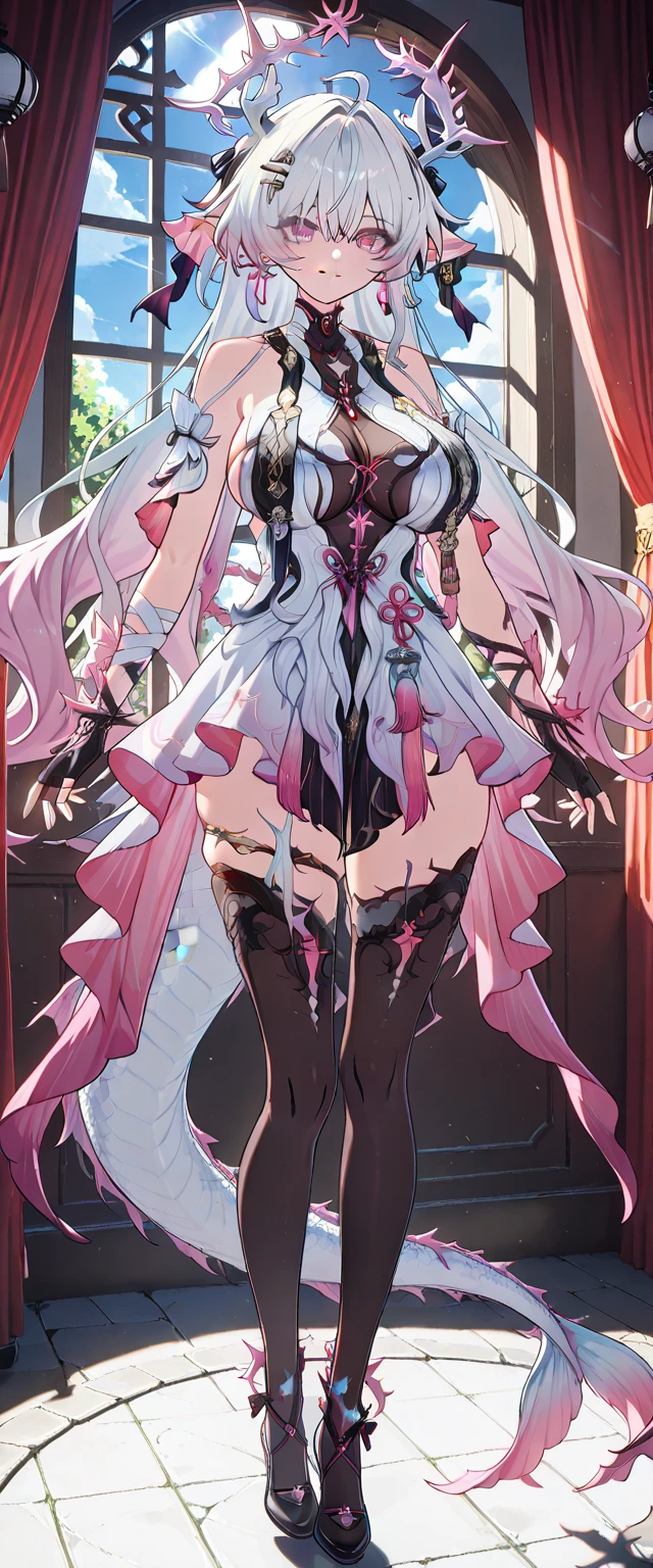 A woman in a costume,With wings and a sword in his hands,white backgrounid,white backgrounid,1个Giant Breast Girl,Bat wings,nedium breasts,cleavage,demon tail,Devil wings,hair adornments,banya,tightsuit,long whitr hair,long whitr hair,long leges,red eyes,upper legs,White leg suit,wings
