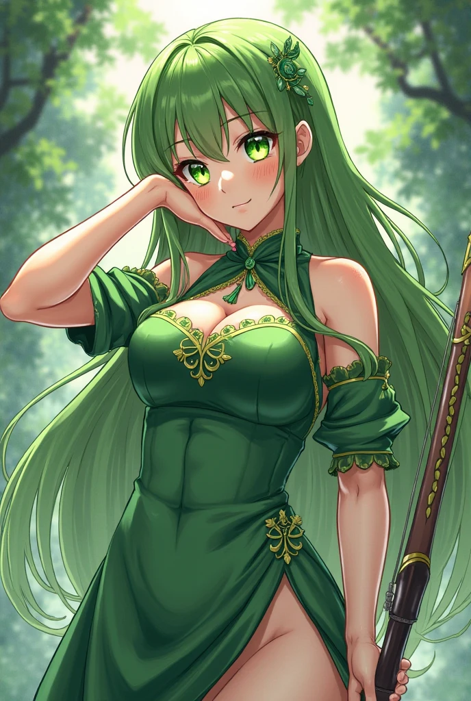 ファンタジー, 1forest_elemental_girl, 格闘, (using_leaves_clothes, green_leaves_covered_breasts, leaves_covered_pussy)+++,big_tits,dynamic_pose_standing, light_smile, 眠い, medium_hair, へそ,(dark_skin)+, オイル, (winding_vine_around_torso)++, (ふっくらと)+,森, trees_background, leaves_headgear, green_leaves_cape, hold_large_long_staff, 太もも,