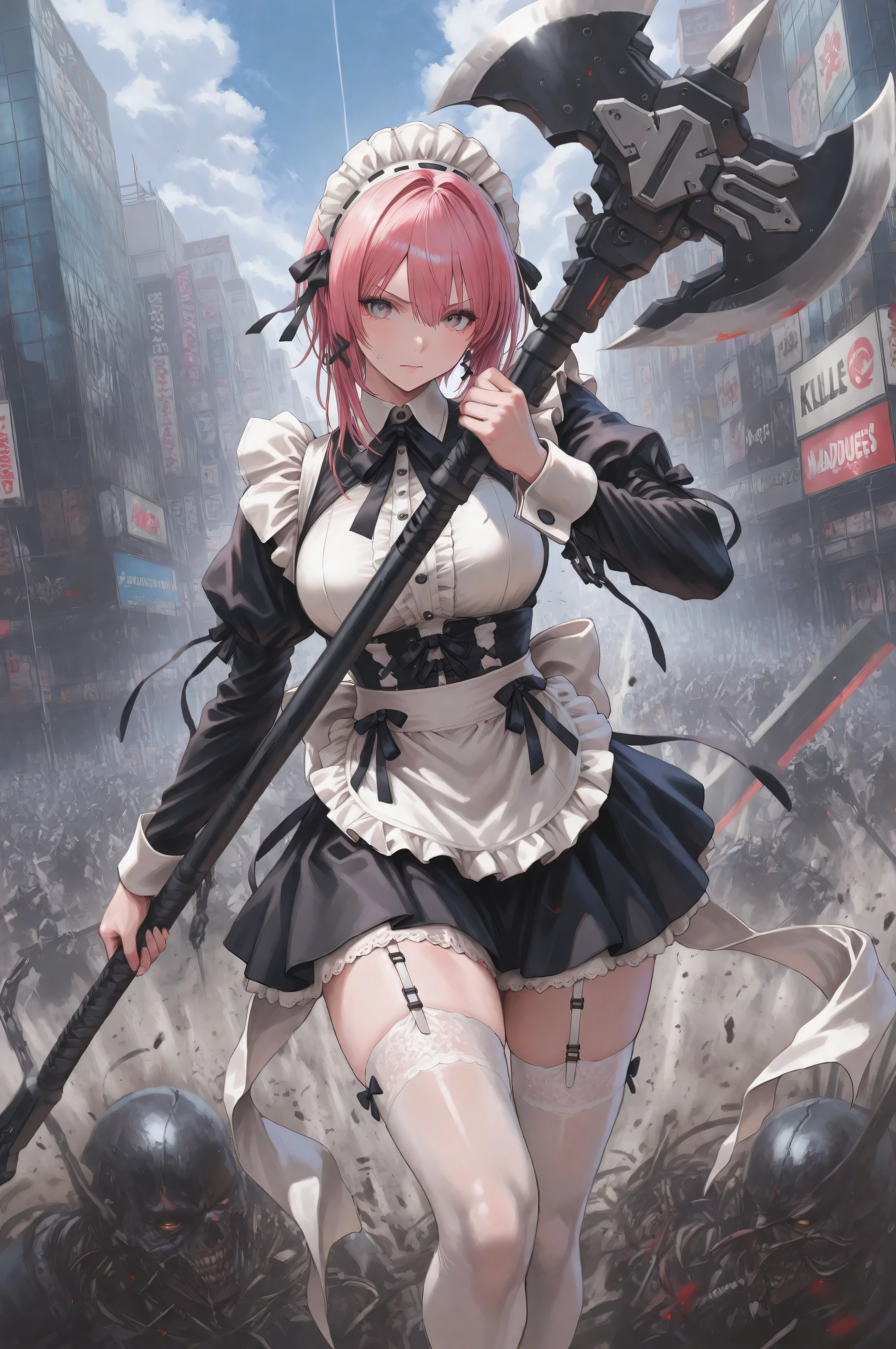 Female 1、from above、Akihabara、maid、maid服、miniskirt、white knee high、absolute region with to、 、 Madness、battle pose、upper、 Kills、Hold a giant battle axe、Charge