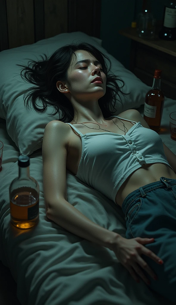 (8k, RAW photos, best quality, masterpiece, : 1.2), (realistic, photorealistic: 1.37), (1 girl, solo: 1.3), office lady 24 years old Japan girl, office lady, black hair, (((disheveled hair, unkempt hair: 1.5)), labor, hard work, social animals, overwork, exhaustion, bed, from above, (((sleeping on the bed, sleeping in underwear, legs spread wide, Eyes closed, mouth open: 1.5)), sad expression of despair, bedroom, ((dark room, midnight, indirect lighting: 1.5)), small bust, (OL, bra, panties: 1.5), languid posture, (littered with garbage, garbage bags, messy room, messy office lady's clothes, empty cans rolled on the floor, bottles of liquor rolled on the floor, Half-eaten sweets on the floor: 1.5), spilled potato chips, energy drinks, ultra-high resolution, physically based rendering, cinematic lighting, dynamic angles
