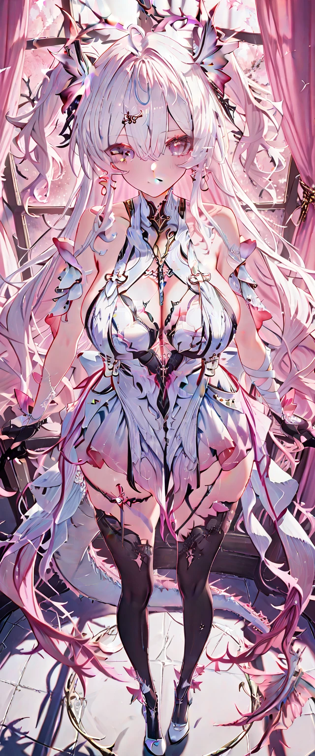 (Perfect Anatomy)、Mastepiece、Ultra High Quality、 8K、masterpiece、Highest quality、Ultra-high resolution、Maximum resolution、Very detailed、Professional Lighting、anime、woman、thin、so beautiful、Highly detailed eye、Highly detailed face、Golden earrings、Pink Hair,、Pink eyes、Mid-chest, pink lips, upper arm pink armor, white leotard, pink pattern, full body, magical girl, Angel Girl, Are standing, pink thigh high stockings, white super long boots, pink gauntlet, high heels, hime cut, bridal hair accessory, Opening legs outwards, phoenix priestess robe