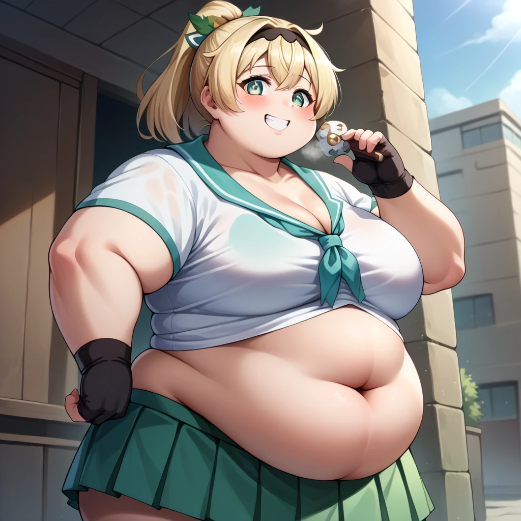 obra de arte, melhor qualidade, 1 adolescente, ultra detalhado, tema escuro, sudorese, short molecaish hair, Cabelo loiro, olhos verdes, moleca, uniforme de  da escola, garota gorda, love handles, muito gordo, garota musculosa