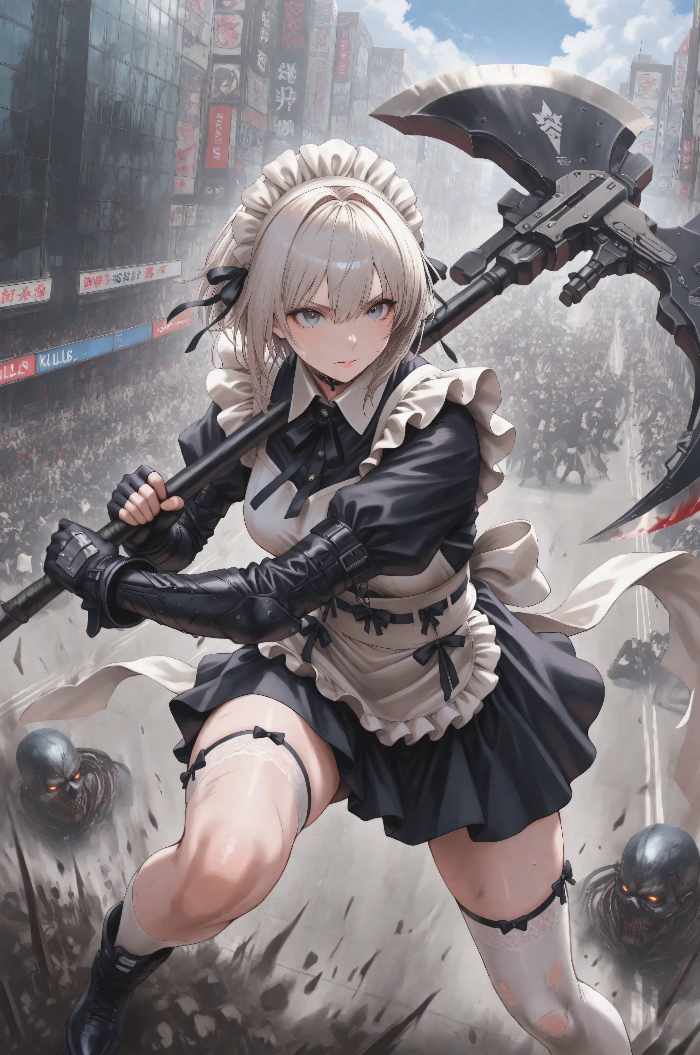 Female 1、from above、Akihabara、maid、maid服、miniskirt、white knee high、absolute region with to、 、 Madness、battle pose、upper、 Kills、Hold a giant battle axe、Charge