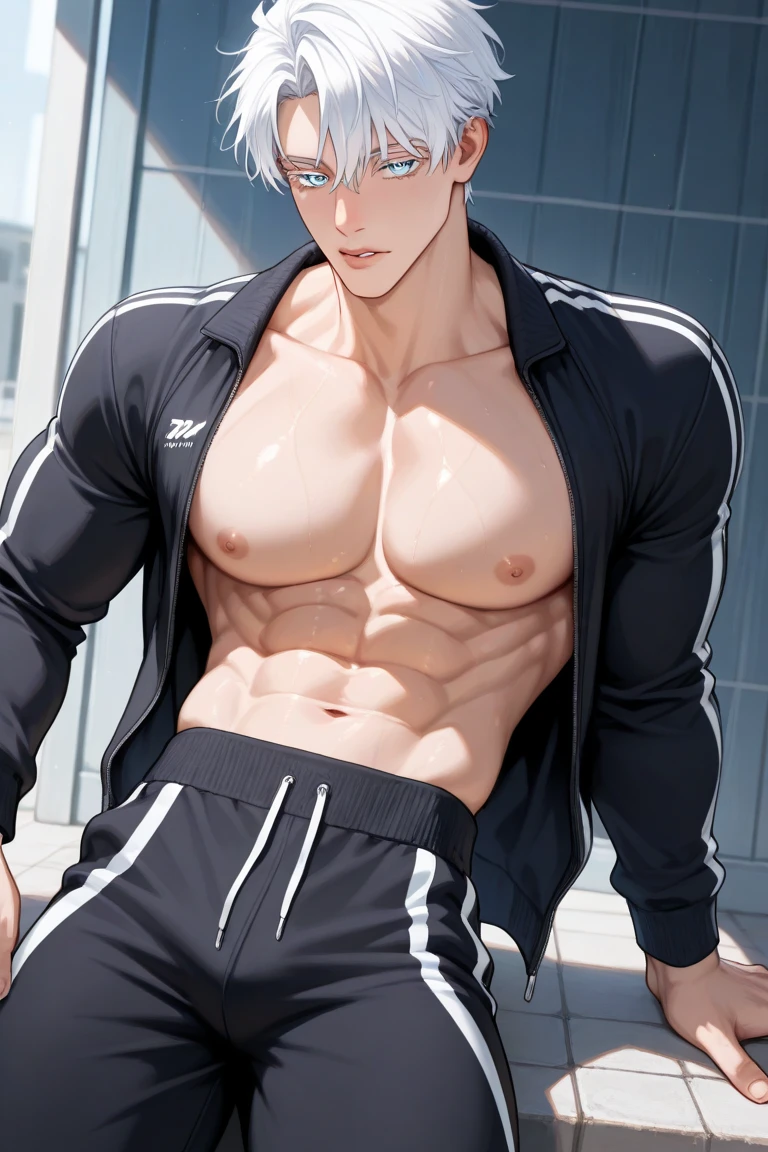 (absurderes, A high resolution, Ultra detailed, hdr), Masterpiece, Best quality, Portrait of a boy, Handsome boy with red eyes, Detailed face, Professional photo, The Alafed man is shirtless, Leaning comfortably，legs are open, (puffynipple(From below:1.1)), Focus on your audience,18 year old boy, Handsome boy, [ Firmly defined body ]，Shirtless，Abs，chest muscle，black tight shorts，large bulge，hot onsen，